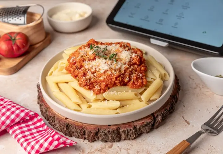 Plato de macarrones a la boloñesa, con queso rallado y hierbas frescas. Ingredientes frescos y una tablet con recetas en el fondo.