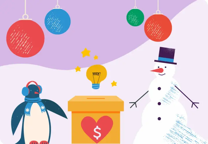 A penguin and snowman stand by a donation box, surrounded by holiday ornaments. This image sparks holiday charity ideas, with a lightbulb symbolizing inspiration.