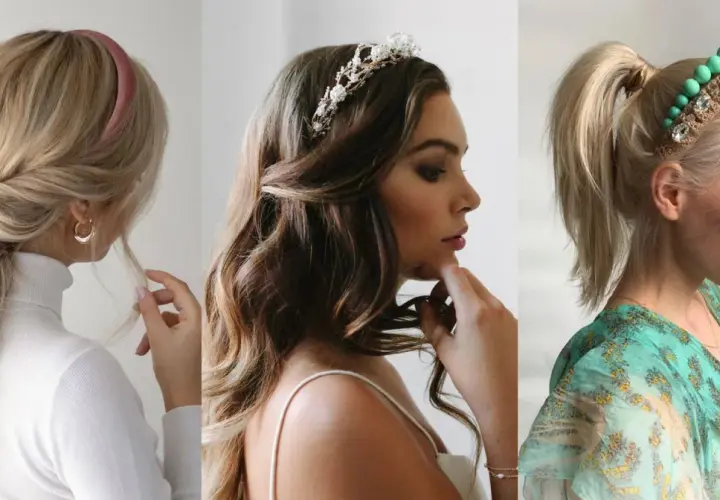 Tres peinados con diadema: una coleta baja trenzada, cabello suelto con tiara y coleta alta con diadema de cuentas.