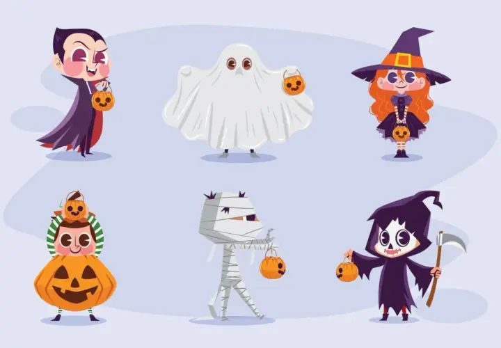 Dibujo de Halloween con niños disfrazados de vampiro, fantasma, bruja, calabaza, momia y parca, listos para pedir truco o trato.