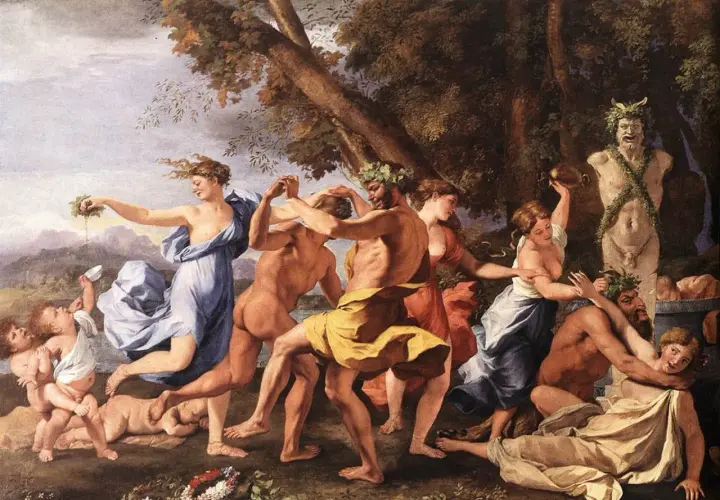 Taniec bachantek i satyrów, inspirowany antykiem, w stylu **classicism**. Dzieci bawią się w tle.