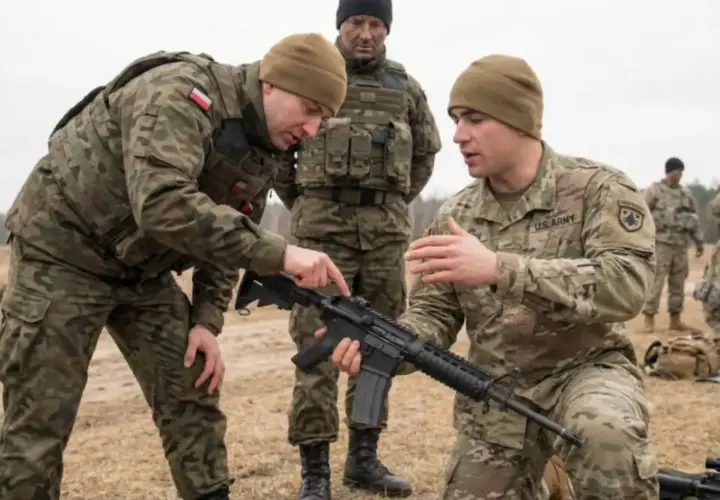 Żołnierze, w tym polscy i amerykańscy, ćwiczą obsługę broni. Dwóch żołnierzy w wojsku omawia szczegóły karabinu.