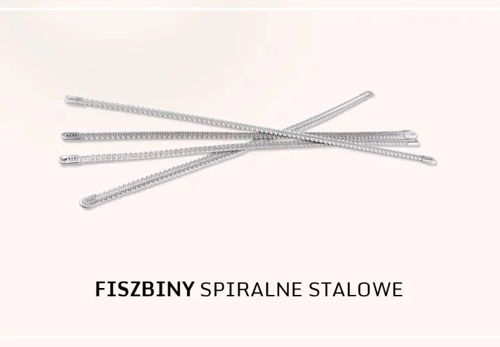 Kilka spiralnych, stalowych fiszbinów ułożonych na jasnym tle.