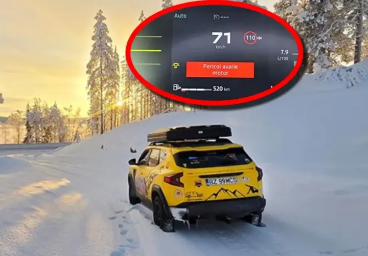 Gul Dacia Sandero med takbox i snölandskap. Varningslampan "Pericol avarie motor" lyser, ett tydligt Dacia Sandero problem.