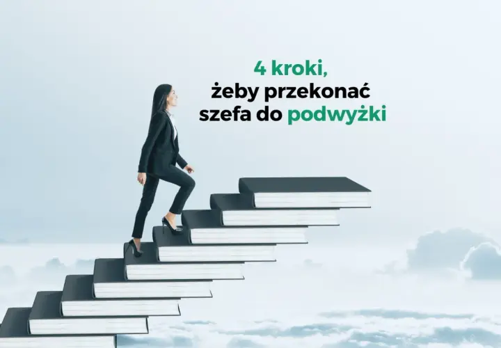 Kobieta w garniturze wspina się po schodach z książek, symbolizując 4 kroki do przekonania szefa o argumentach za podwyżką.