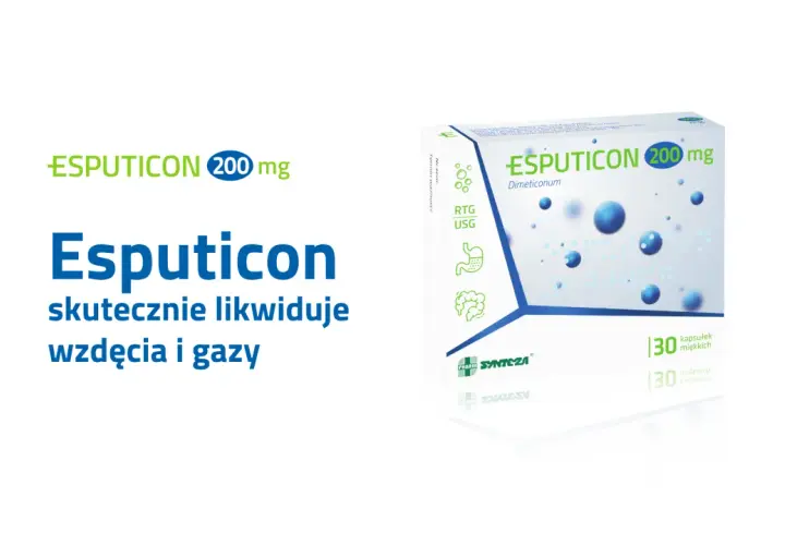 Opakowanie leku Esputicon 200 mg na wzdęcia i gazy, z grafiką układu pokarmowego.