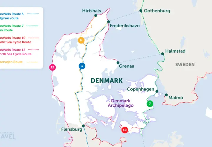 Map showing various cycling routes across Denmark, perfect for a bike trip Denmark adventure. Routes include EuroVelo 3, 7, 10, 12, and Haervejen.