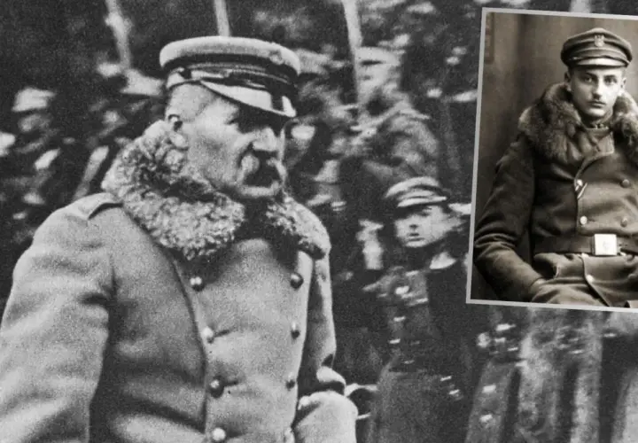 Dwaj mężczyźni w mundurach wojskowych, jeden z wąsami, drugi siedzący.