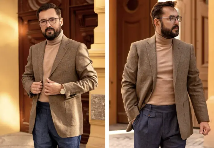 Elegancki mężczyzna w tweedowej marynarce i golfie prezentuje stylowe golf męski stylizacje.
