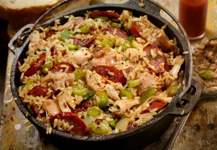 A pyszne jambalaya w żeliwnym garnku, pełne ryżu, kurczaka, kiełbasy i warzyw.