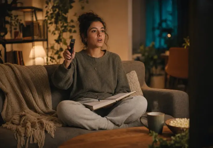 Ragazza sul divano con telecomando e quaderno, pronta per imparare l'inglese con i film.