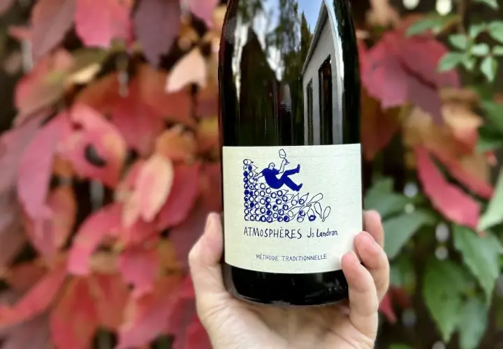 Une main tient une bouteille de vin nature Loire, "Atmosphères Jo Landron", devant des feuilles d'automne rouges et vertes.