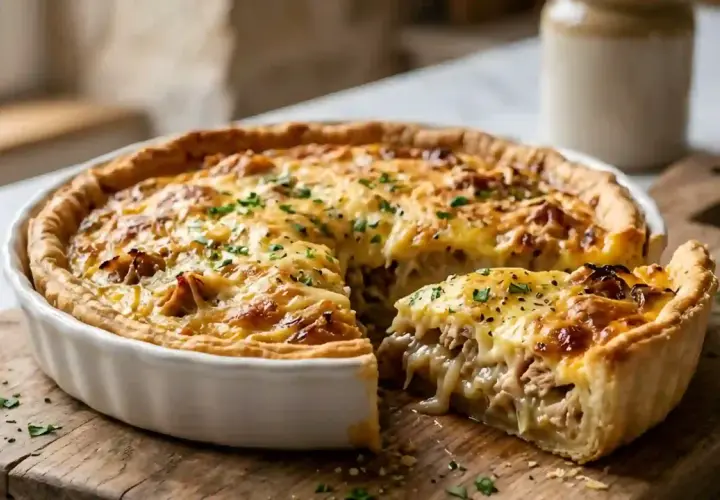 Une part généreuse de quiche au thon dorée, garnie de persil frais, repose sur une planche en bois.