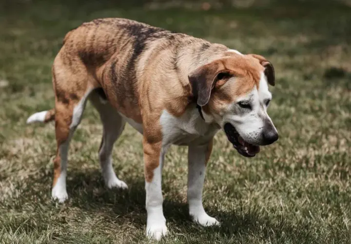 Perro de pelaje atigrado y blanco, con la boca abierta, parece que mi perro tose como si tuviera algo en la garganta.