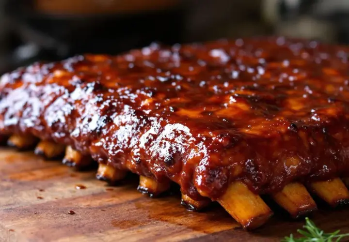Un plat appétissant de travers de porc glacés à la sauce barbecue, posé sur une planche en bois.