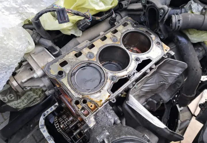 Volkswagen Motor mit defekter Zylinderkopfdichtung, wahrscheinlich DTC P0301. Öl und Schmutz sind sichtbar.