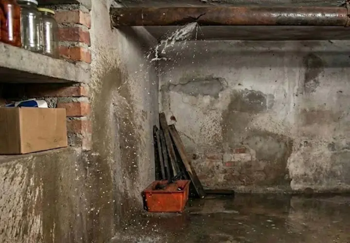 W piwnicy widać pękniętą rurę, z której cieknie woda. Na półce stoją słoiki, a obok karton.