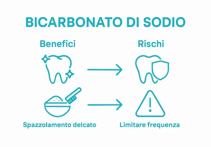 Bicarbonato per denti: benefici (denti splendenti) e rischi (protezione dentale, attenzione alla frequenza).