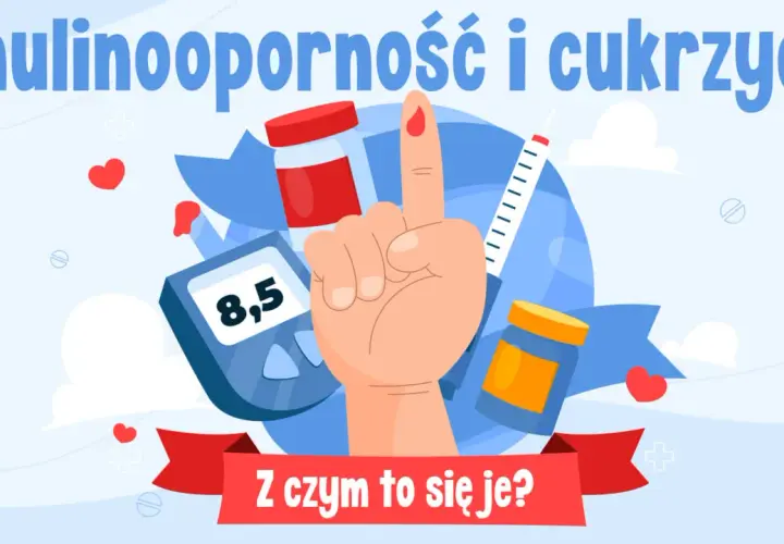 Insulinooporność a cukrzyca: badanie poziomu glukozy glukometrem, kropla krwi na palcu, strzykawka i leki.