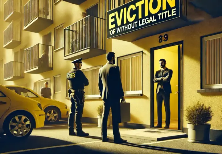 Egzekutor i mężczyzna w garniturze przed budynkiem z napisem "EVICTION OF WITHOUT LEGAL TITLE". Konsekwencje zajmowania lokalu bez tytułu prawnego.