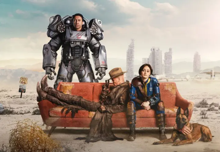 Postapokaliptyczna sceneria, gdzie bohaterowie w zbroi Power Armor, w strojach z Fallout i wierny pies czekają na **fallout 5 kiedy**.