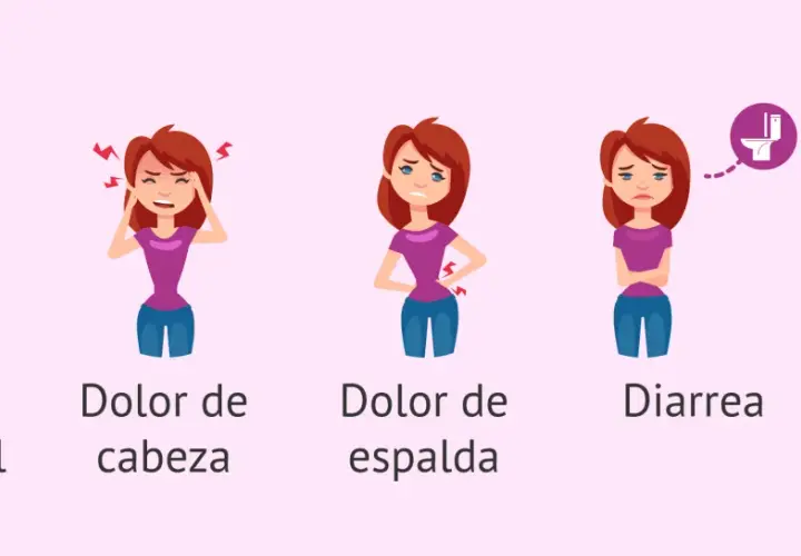 Ilustración de mujer con dolor de regla, mostrando síntomas como dolor abdominal, de cabeza, de espalda, diarrea y náuseas.
