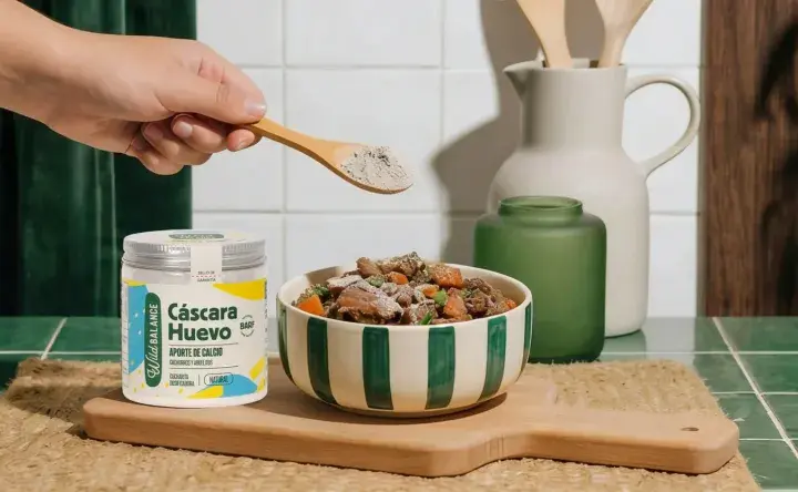 Un suplemento de cáscara de huevo se añade a la comida de un perro. ¡Los perros pueden comer huevo!