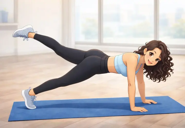 Une jeune femme fait un exercice de gainage à la maison, une jambe levée pour renforcer son dos.