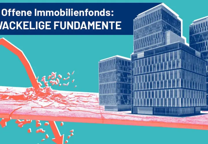 Offene Immobilienfonds: ein roter Pfeil durchbricht eine Barriere, die Gebäude im Hintergrund wirken instabil.