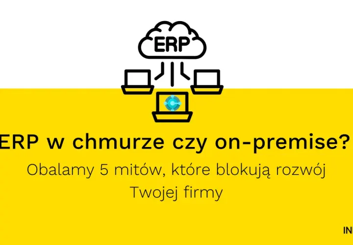 Chmurowe ERP: obalamy mity blokujące rozwój Twojej firmy. Ikona chmury z napisem ERP i połączone z nią komputery.