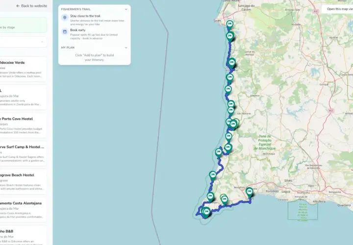 Map of the Fisherman's Trail in Portugal, showing the route and accommodation options.