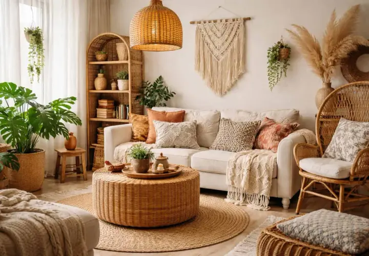 Przytulny salon w stylu boho: pleciony stolik, wiklinowe meble, makrama i mnóstwo roślin tworzą relaksującą atmosferę.