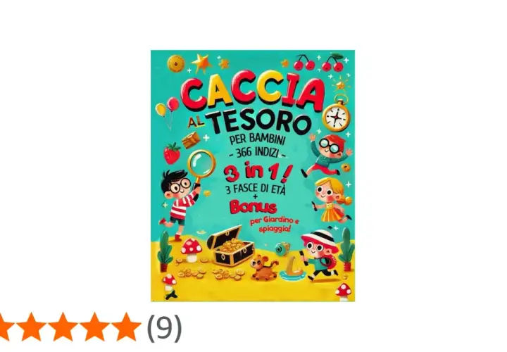 Copertina colorata per giochi caccia al tesoro per bambini, con bambini che cercano indizi e un forziere aperto.