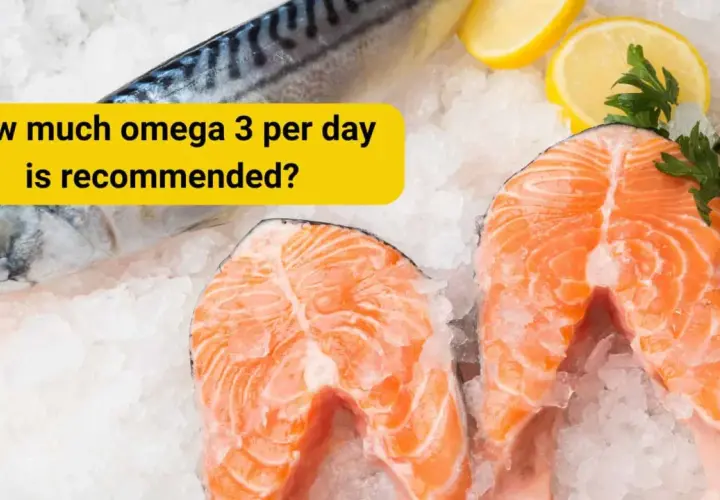 Färska laxfiléer och makrill på is, med citron och persilja. Frågan "hur mycket omega 3 per dag" ställs.