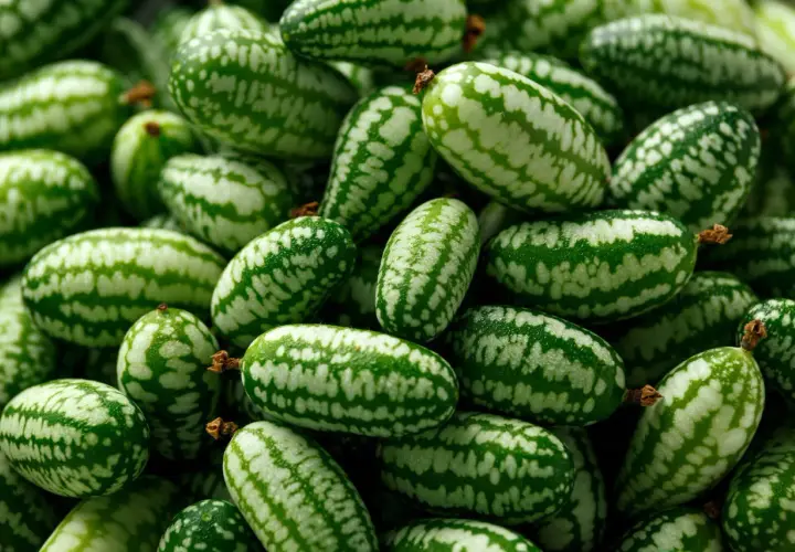 Ein Haufen mexikanischer Minigurken, klein und oval mit grünen und weißen Streifen, bereit für einen erfrischenden Salat.