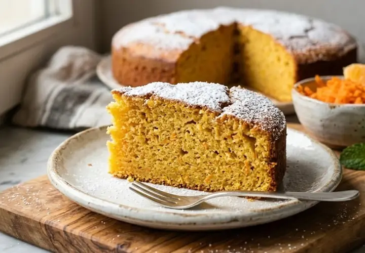 Una fetta di torta di carote soffice e profumata, cosparsa di zucchero a velo, su un piatto con una forchetta. Sullo sfondo, la torta intera e una ciotola di carote grattugiate.