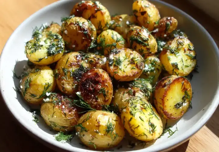 En skål med gyllene, krispiga stekt potatis, toppad med färsk dill och flingsalt. Perfekt tillbehör!