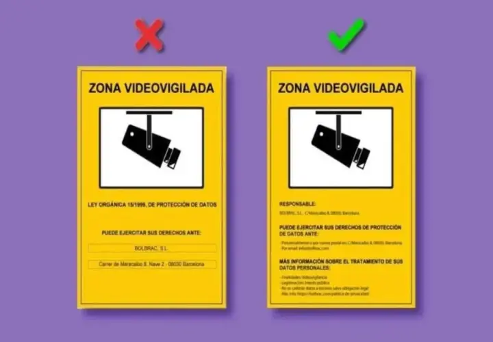 Cartel de "Zona Videovigilada" con un sistema de cámaras de videovigilancia. El cartel de la derecha es correcto, detallando información del responsable y derechos.