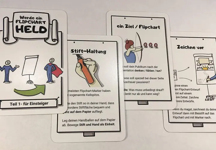 Karten für Flipchart-Vorlagen kostenlos: "Werde ein Flipchart Held", "Stift-Haltung", "Ein Ziel / Flipchart", "Zeichne vor".