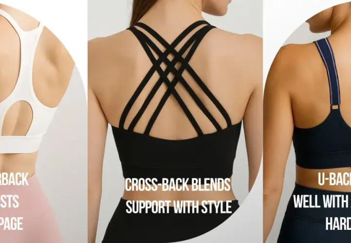 Three women's backs showcasing different sports bra styles: racerback, cross-back, and U-back. Perfect for your next DIY sports bra project!