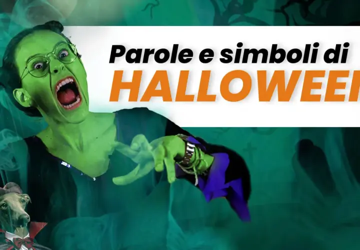 Una strega verde con occhiali e un cane vampiro, circondati da fumo verde. Il testo "Parole e simboli di HALLOWEEN" è in primo piano.