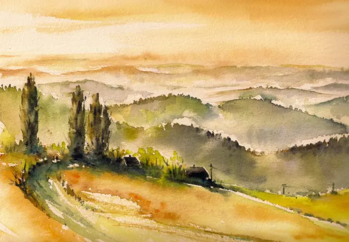 Paesaggio collinare con cipressi e case, reso con delicate velature di pittura ad acquerello che creano un'atmosfera sognante.