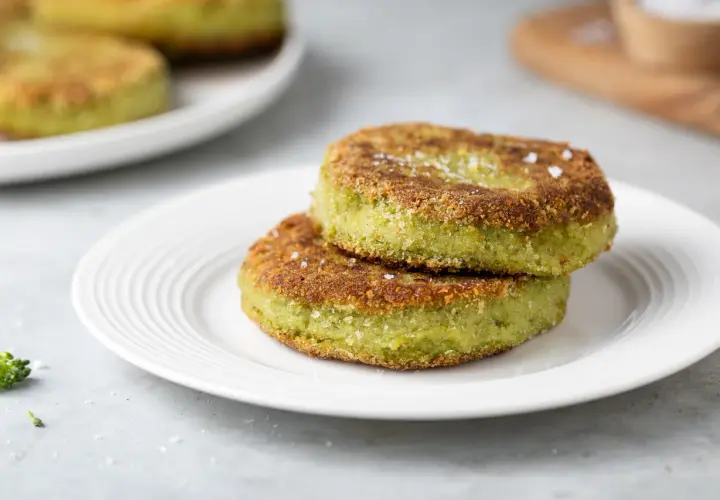 Due hamburger di broccoli dorati e croccanti, cosparsi di sale grosso, su un piatto bianco.