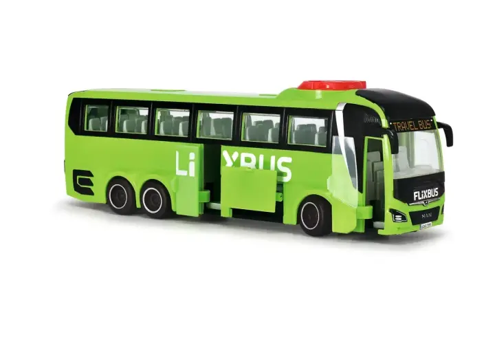 Zielony autobus FlixBus z otwartymi drzwiami, idealny do zabawy, a może nawet do symulacji zwrotu biletu.
