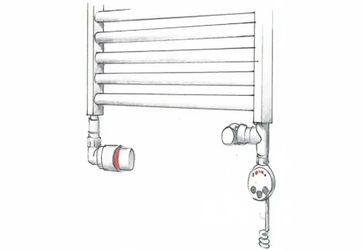 Schemat podłączenia grzejnika od dołu. Widoczny zawór i termostat.