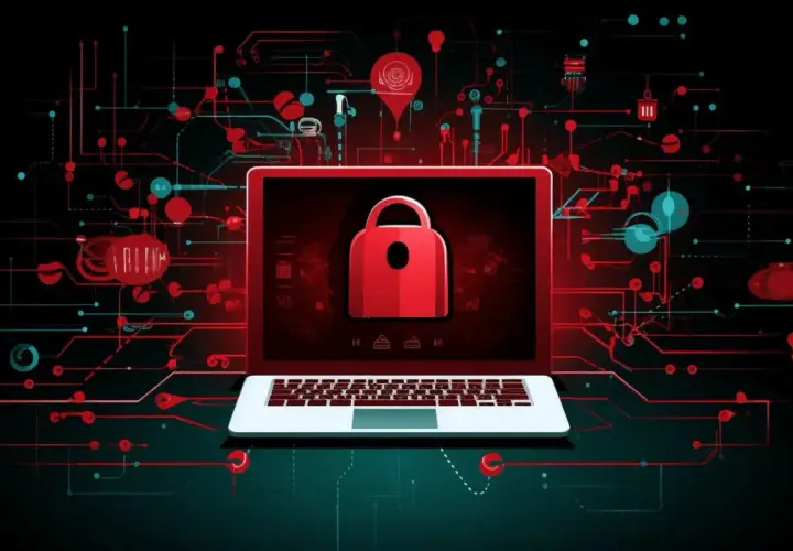 Laptop z czerwonym symbolem kłódki na ekranie, otoczony cyfrowym, futurystycznym obwodem. To wizualizacja bezpieczeństwa danych i ochrony przed cyberatakami.