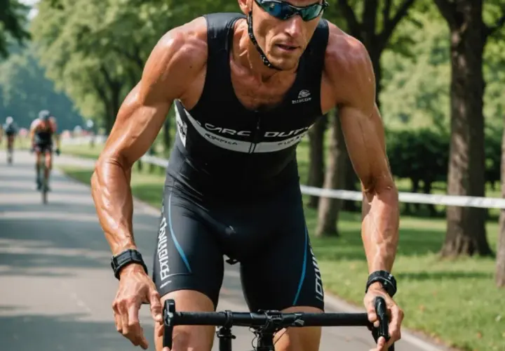 Intensywnie ćwiczący triathlonista na rowerze, z widocznymi mięśniami i spoconym ciałem.