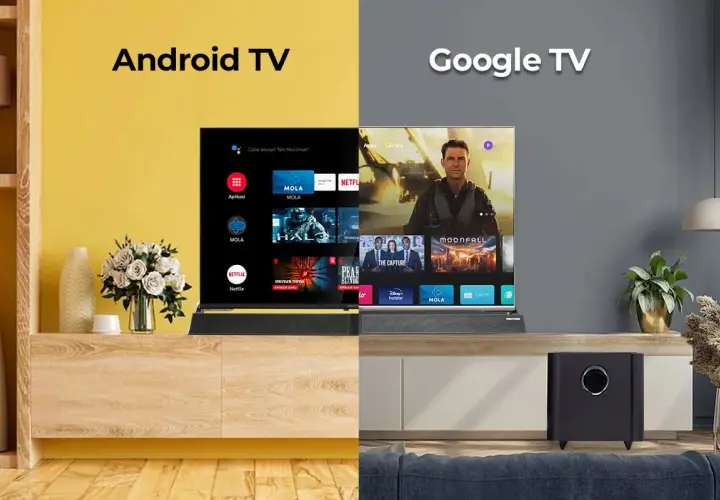 Porównanie interfejsów: po lewej Android TV z aplikacjami, po prawej Google TV z rekomendacjami filmów.