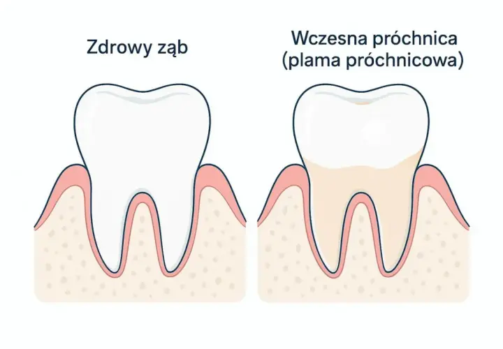 Porównanie zdrowego zęba z zębem z wczesną próchnicą. Widać, że próchnica tworzy na zębie nieestetyczną plamę, która może przerodzić się w dziurę.