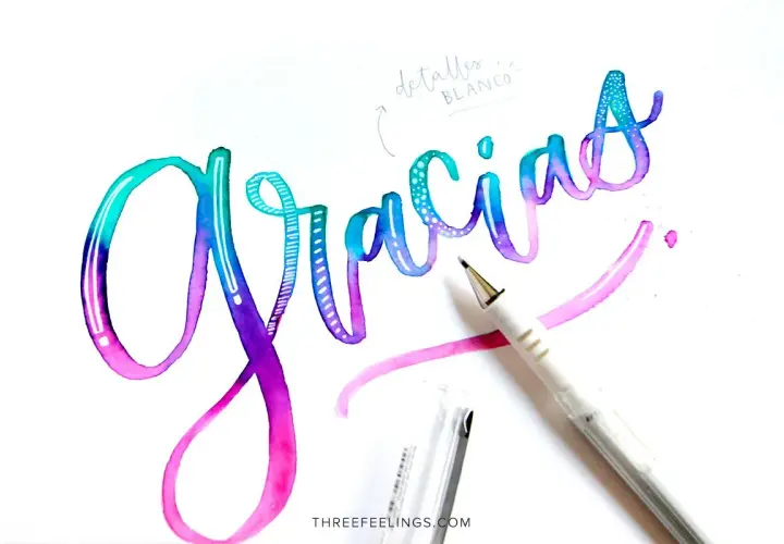 Hermosos ejemplos de lettering con la palabra "Gracias" en acuarela degradada, con detalles en blanco y un bolígrafo.